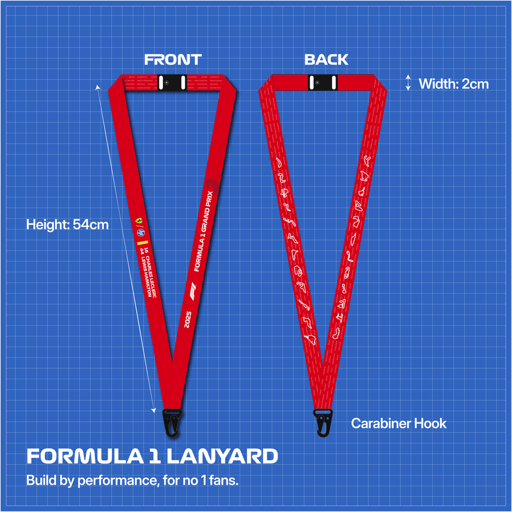 Ferrari HP Formula 1 Team (Driver Edition) Lanyard - Engineered for performance, Built for Style. A full sublimated lanyard equipped with Safety Clip, Buckle and Hook for convenience. Soft polyester material gentle to skin. Designed with love for Formula 1 fans.