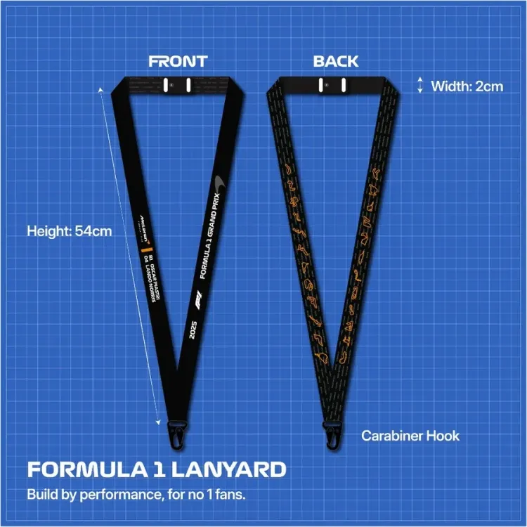 McLaren Formula 1 Team (Driver Edition) Lanyard - Engineered for performance, Built for Style. A full sublimated lanyard equipped with Safety Clip, Buckle and Hook for convenience. Soft polyester material gentle to skin. Designed with love for Formula 1 fans.